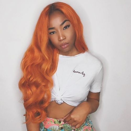 Colorful Osolovely Hair Dark Root Orange Color Human Hair Wigs Pre-Colored Full Lace Wig 10-30 Body Wave Wig 130% Lace Hair Extension