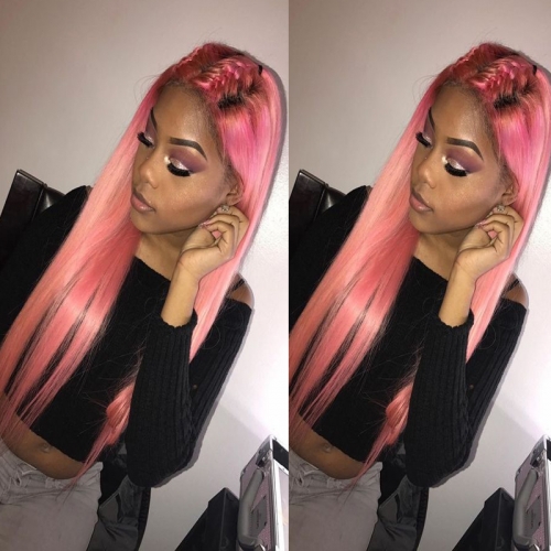 Colorful Osolovely Human Hair Dark Root Pink Color Pre-Plucked Hairline Straight Hair Full Lace Wig Baby Hair Glueless Wigs