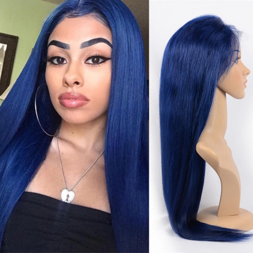 Colorful Osolovely Hair Navy Blue Full Lace Human Hair Wigs Straight Pre Plcuked Bleached Knots Full Lace Wig With baby Hair