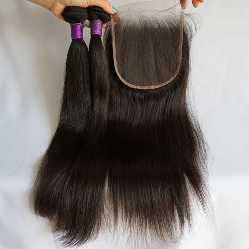 Osolovely Hair Pre-colored 100% Human Hair Bundles With Closure Hair Straight 2 Bundles With 6x6 Lace Closure