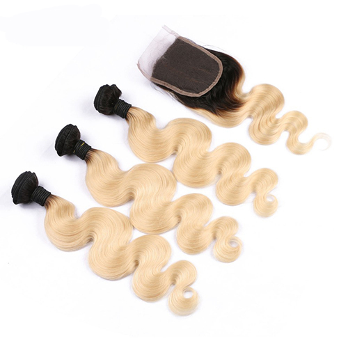 Osolovely Body Wave 100% Human Hair Ombre Blonde Hair 4*4 Lace Closure With 3 Pcs 1B/613 Color Hair Bundles