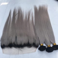 Straight Human Hair 3 Bundles with 13x4 Lace Frontal 1B Grey Ombre Color Non Remy Hair Osolovely Products