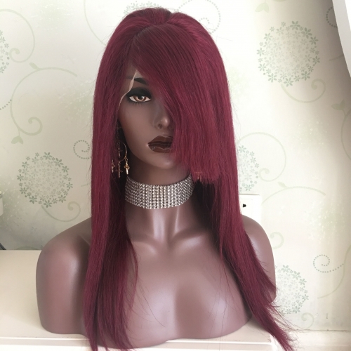 Osolovely Hair 99J Burgandy Color Full Lace Human Hair Wigs Pre Plucked Glueless Virgin Hair Lace Wigs With Bangs