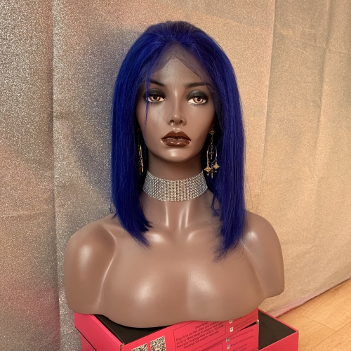 Osolovely 150% Density Blue Color Lace Front Bob Wig Pre Plucked Natural Hairline Short Straight Bob Wig