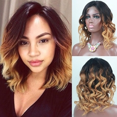 Osolovely Hair Lace front Human Hair Bob Wig Remy Short Bob Wig wavy Hair 130% Density Ombre Color 3T 1b/4/27 Human Hair Wig Baby Hair