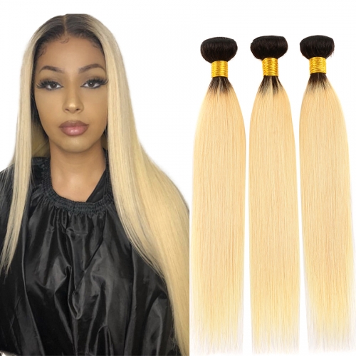 Osolovely Hair 1B 613 Ombre Blonde Straight Hair Bundles 2 Tone Dark Roots Platinum Human Hair Weave 1/3/4 Bundles