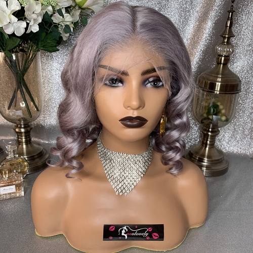 Osolovely Hair Dark Grey Human Hair Lace Front Wigs Black Women Wavy Silver Gray 10A Virgin Hair Lace Frontal Wig Pluck Loose Wave Grey Bob Wig