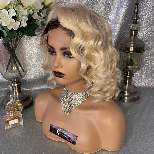 1B/613 Ombre Blonde Short Human Hair Wigs Pre Plucked Curly Blonde Lace Front Bob Wig 13X4 Loose Wave Bob Wig Osolovely Hair