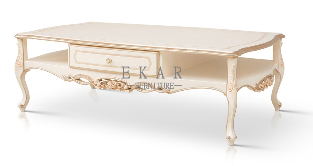 Living Room Cream Wood Coffee Table With Drawer Ekar Furniture
