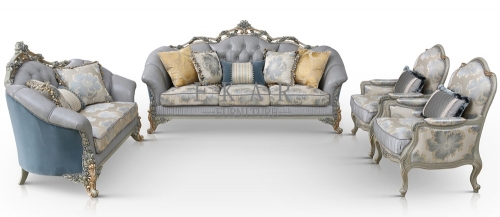 Wooden Carved Classic Leather And Fabric Grey Sofa Set