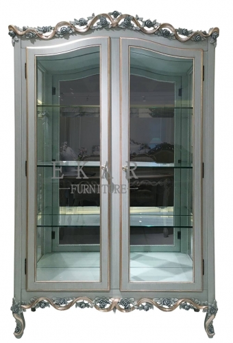 Grey Double Door Carved Wooden and Glass Floral Cabinet/BarCabinet/Storage Cabinet