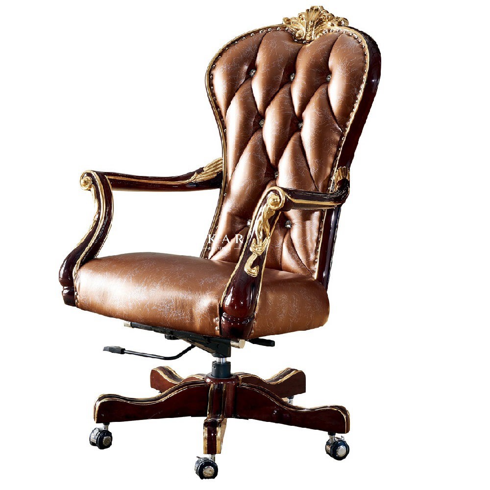 Classical Luxury Antique Leather Wooden Home Office Chair With Wheels