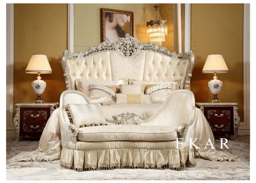 WHite French Royal Bedroom Furniture King Size Double Beds Leather Luxury Soft bed stool Carved Beds Sets Nightstand