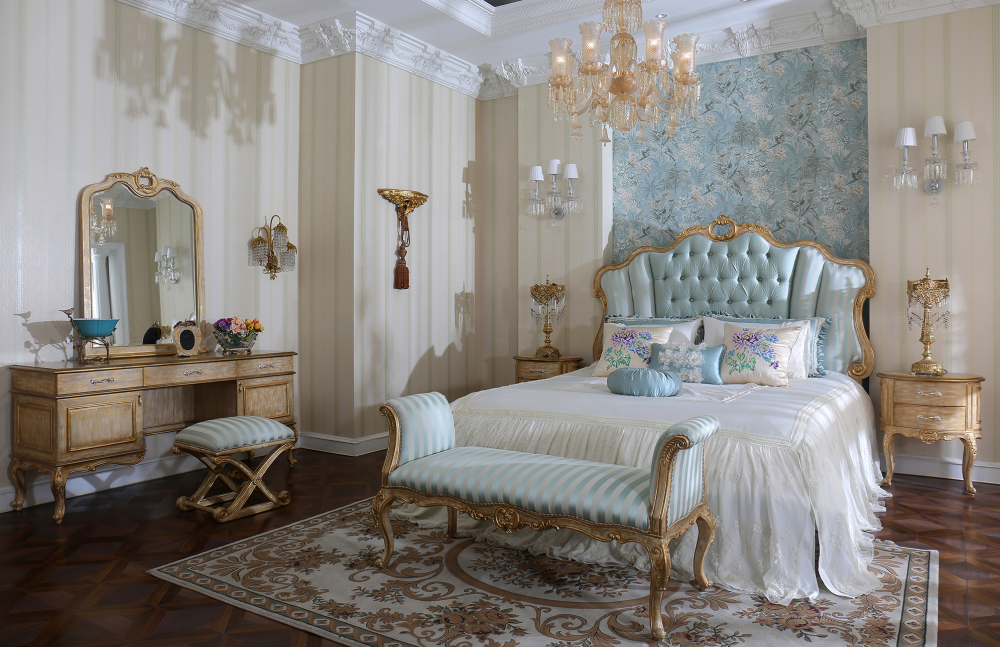 French Style Blue Velvet Master Bedroom Set