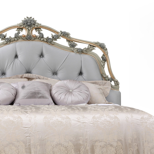 Grey Upholstered Headboard King Frame Handcarved Bed
