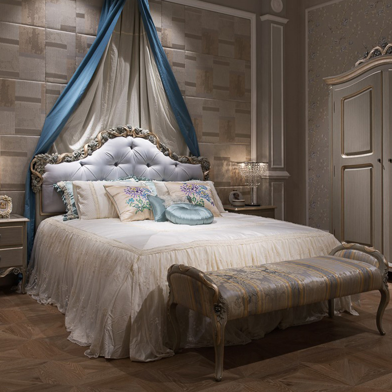 Elegant Rose Hand-Carved Fabric Upholstered Headboard Bed