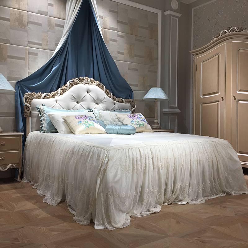Elegant Rose Hand-Carved Fabric Upholstered Headboard Bed