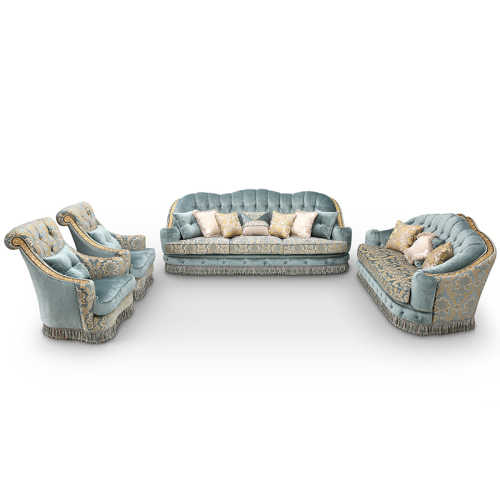Luxury Carving European Style Living Room Furniture Blue Fabric Couch