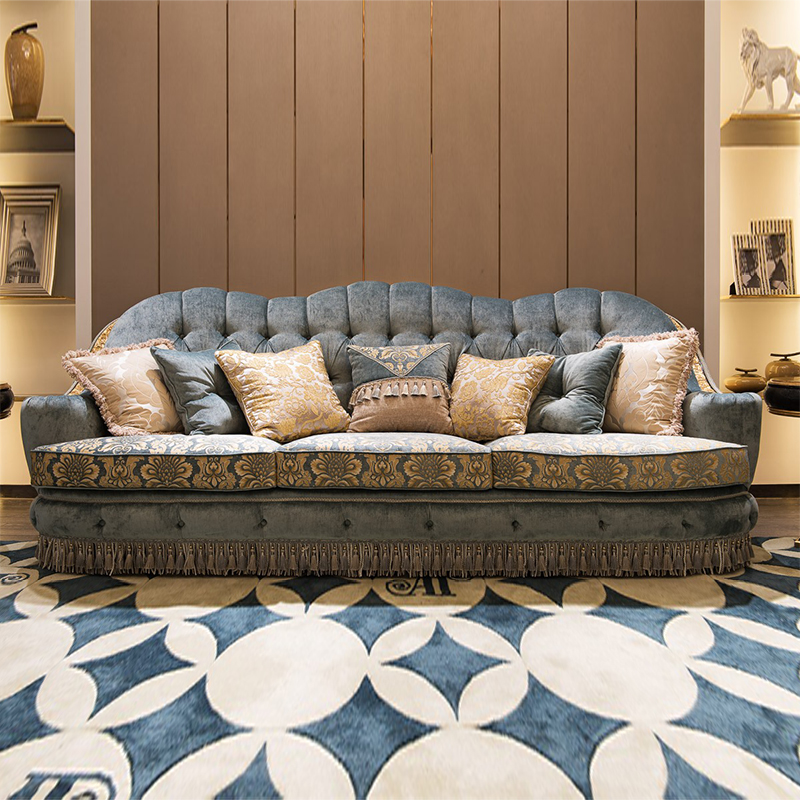 Luxury Carving European Style Living Room Furniture Blue Fabric Couch