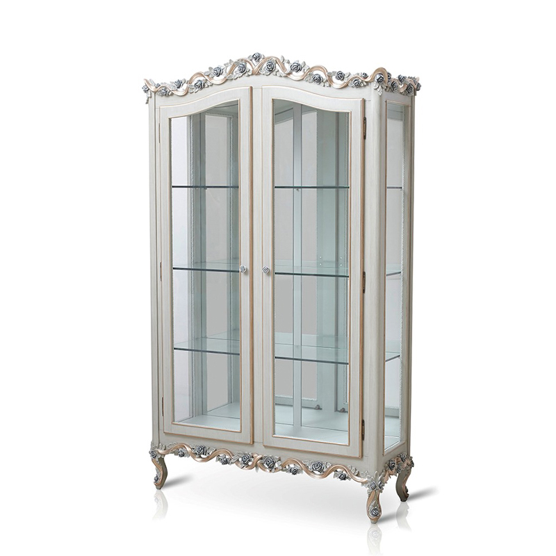 Grey Double Door Carved Wooden and Glass Floral Cabinet/BarCabinet/Storage Cabinet