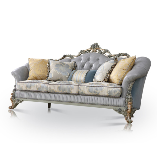 Wooden Carved Classic Leather And Fabric Grey Sofa Set