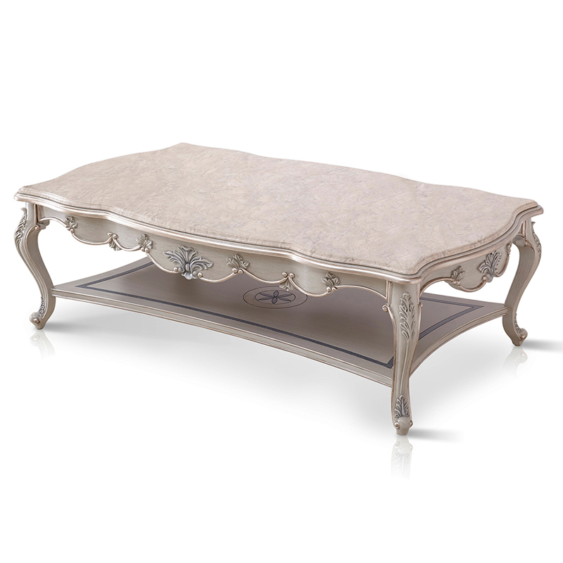 Newly Designed Elegant Wooden Center Table with Marble Top and Carved Flowers