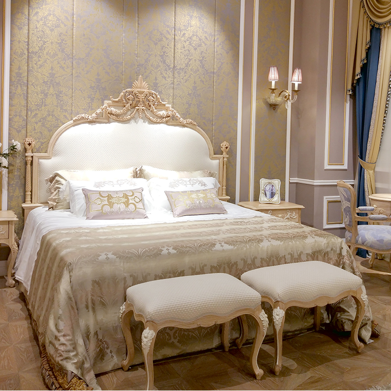 French Luxury Style Off-white and Golden Queen Bed