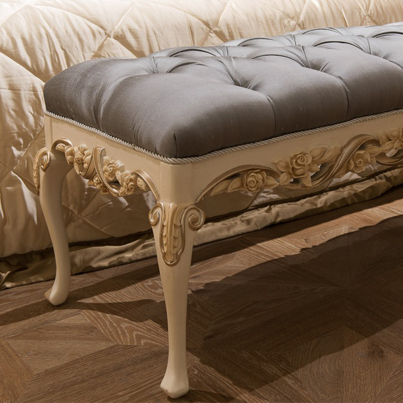 French Luxury Style Grey Wooden and Fabric Long Bed Stool for Bedroom