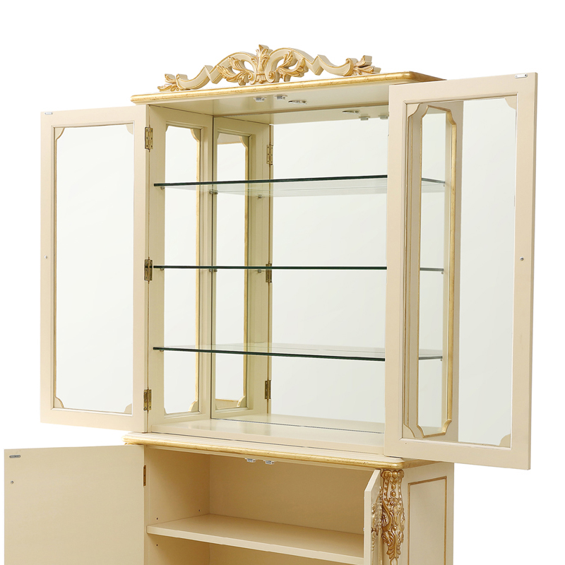 The Latest Luxury Style White and Golden Glass Cabinets with Carved Flowers