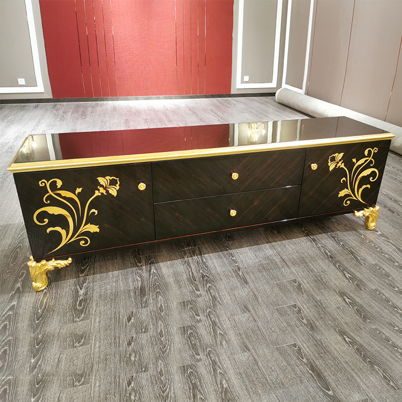 French Luxury Style Long Wooden Black and Gold Floor Cabinet with Flower Pattern