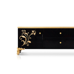 French Luxury Style Long Wooden Black and Gold Floor Cabinet with Flower Pattern