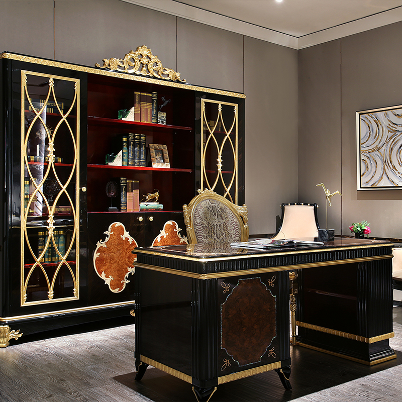 Antique Luxury High Gloss Black Birch Wood Home Office Desk