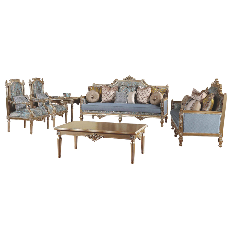 Executive Classic Luxury Carved Wooden Seat Antique Cushion Pale Blue Sofa Set