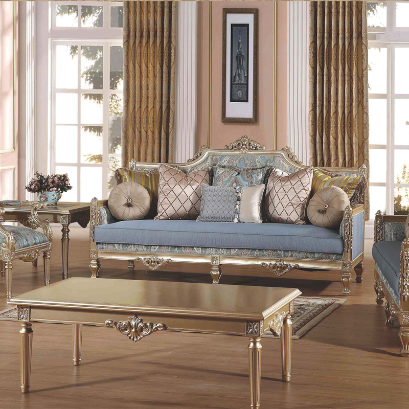 Executive Classic Luxury Carved Wooden Seat Antique Cushion Pale Blue Sofa Set