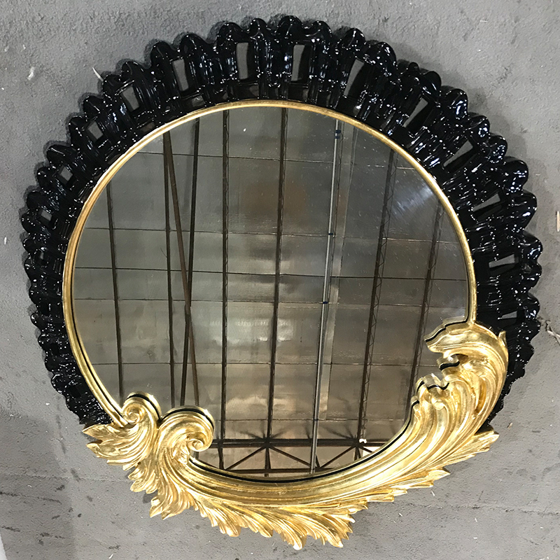 Mirror Black Carved Framed Circle Shaped Wooden Wall Console Mirror