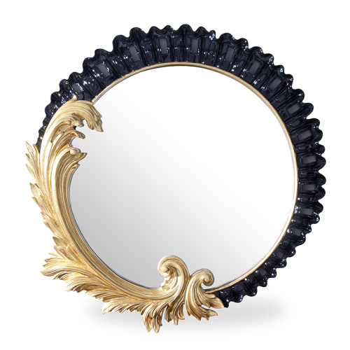 Mirror Black Carved Framed Circle Shaped Wooden Wall Console Mirror