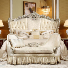 WHite French Royal Bedroom Furniture King Size Double Beds Leather Luxury Soft bed stool Carved Beds Sets Nightstand