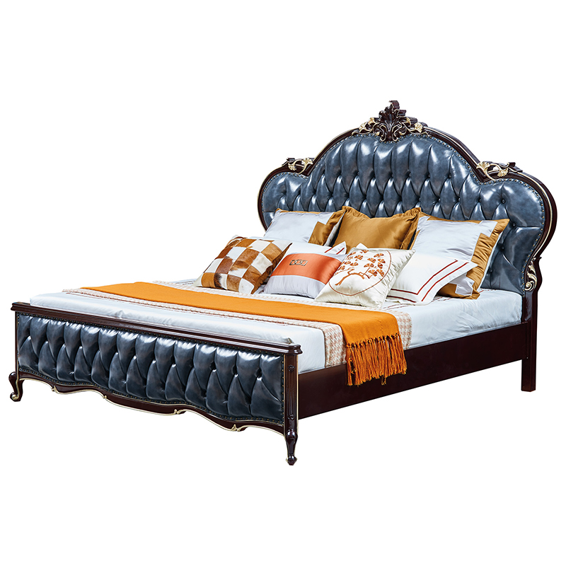 Oak Wood Leather Classic Upholstered Antique Bed