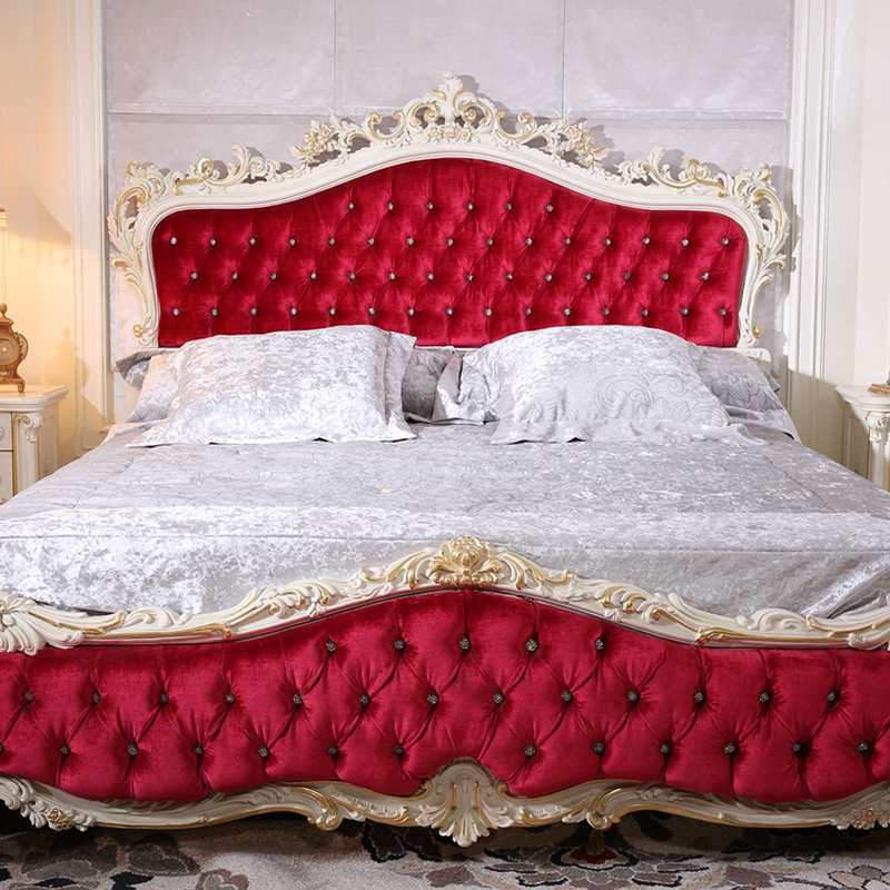 Wooden with red fabric double bed luxury bedroom furniture design