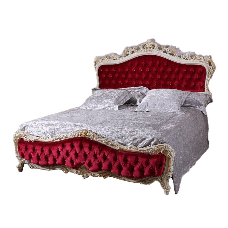 Wooden with red fabric double bed luxury bedroom furniture design