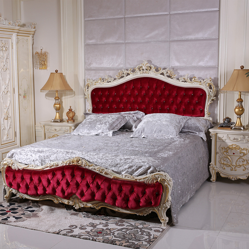 Wooden with red fabric double bed luxury bedroom furniture design