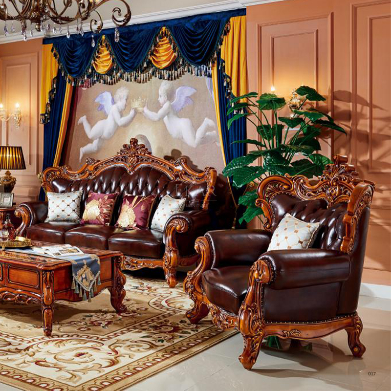 Luxurious Classical Solid Wood Genuine Leather Living Room Sofa
