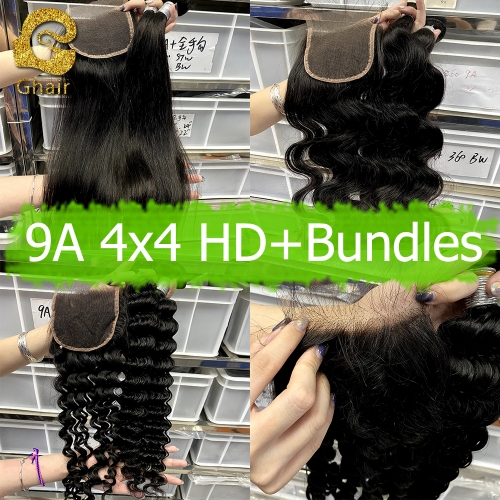 9A Remy hair bundles with HD 4*4 closure 1B#
