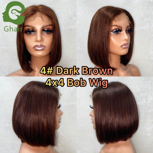 Ghair 9A+ Short Bob Wig brown color#4 4x4 8-12 Inch full 150% middle part straight virgin hair Short Bob wig