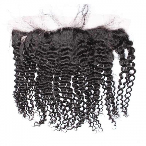 Kinky Curly Peruvian Human Hair Ear To Ear Lace Frontal Closure Hairstyles 13x4inchs Natural color For Sale