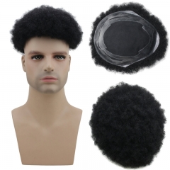 Human Hair Afro Curly Mens Toupee Hairpiece Wig Base with Hard PU Reforced Color #1B Black