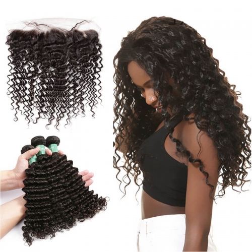 Brazilian Curly Human Hair 13x4 Lace Frontal Hidden Knots With Natural Color Human Hair Bundles