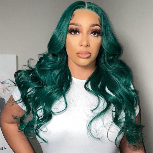 28inch Dark Green Body Wave Lace Front Wig Peruvian Remy Hair Red Transparent Highlight Colored Human Hair Wigs Bleached Knots
