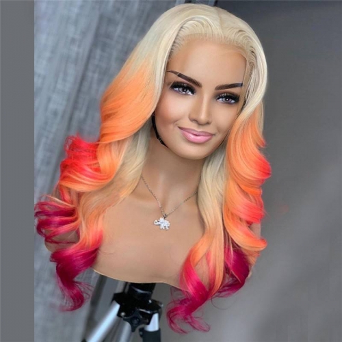 150% Density Pink Brown Red Glueless Colored Human Hair Wigs For Women Brazilian Body Wave Ombre Lace Front Wig Bleached Knots
