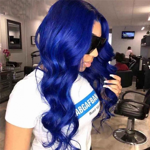 28inch Body Wave Ombre Lace Front Wig Pre Plucked Peruvian Remy Hair Long Blue Colored Lace Front Wig Human Hair Wigs For Women